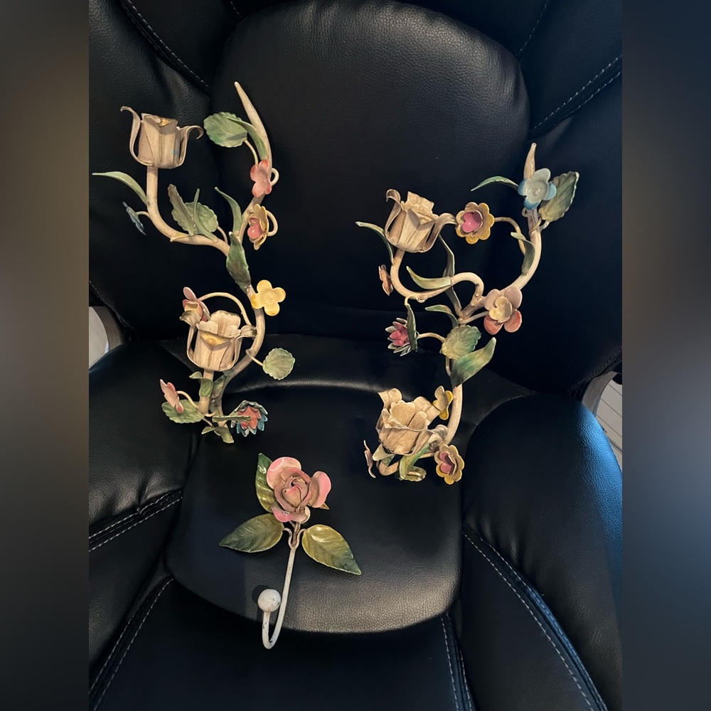 Gorgeous Vintage Italian Tole Wall Sconce Floral Candle Holders (2), hook hanger